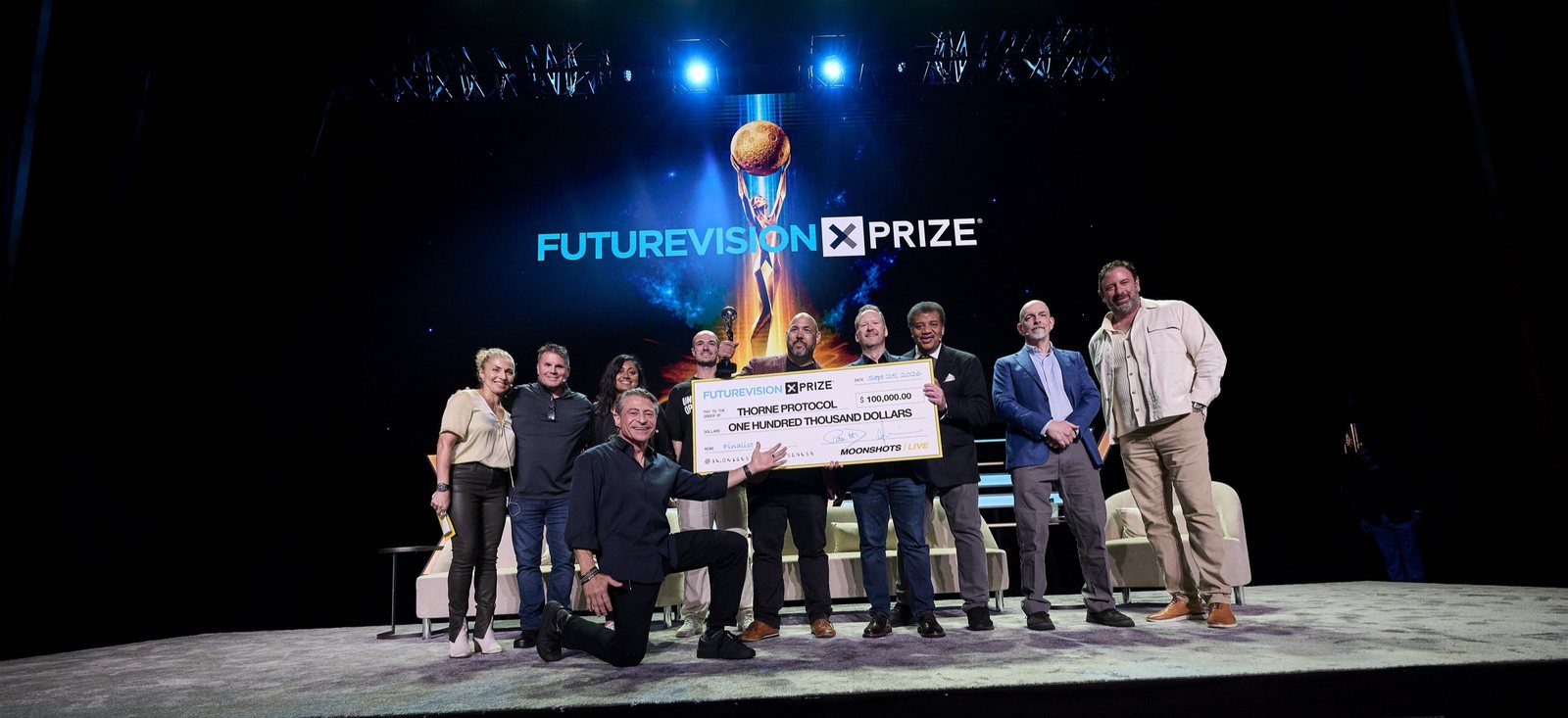 The Thorne Protocol team on stage with the FutureVision XPRIZE check
