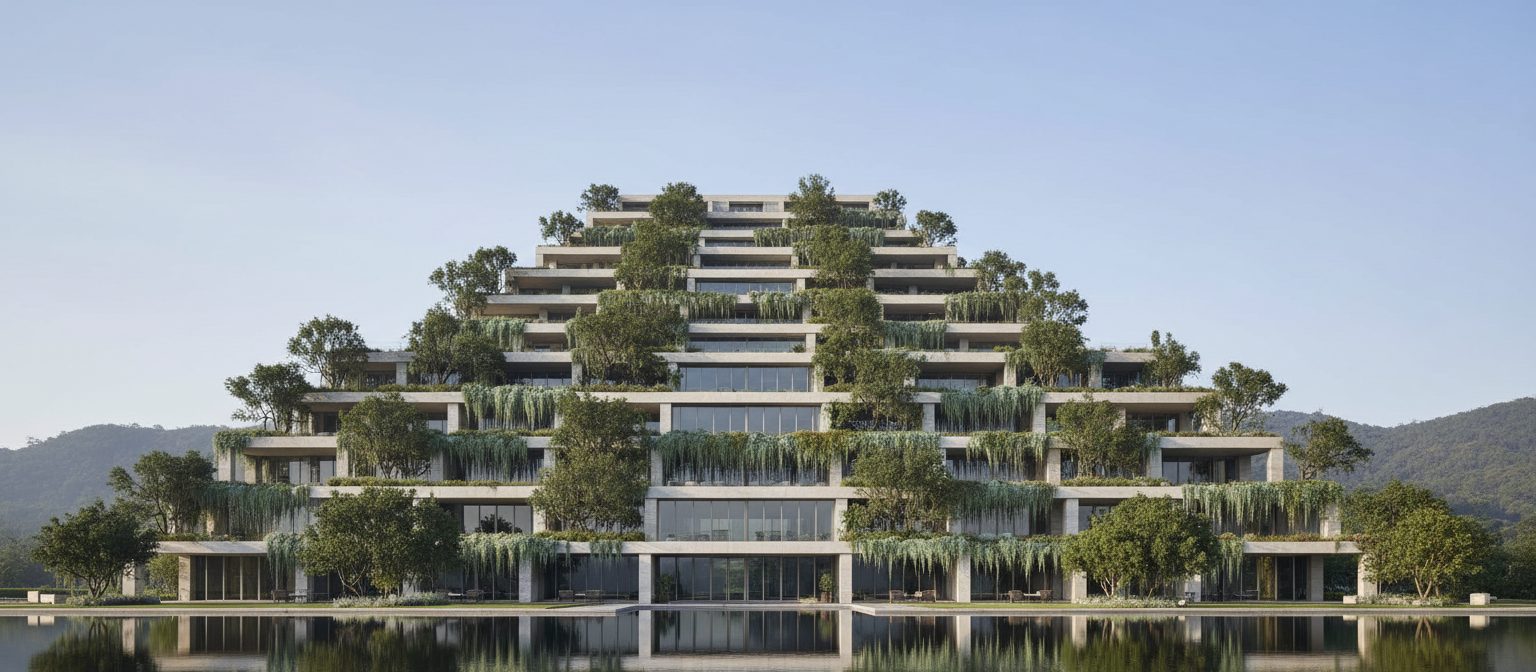 A stepped residential building planted on every terrace, reflected in still water at golden hour, with green hills behind