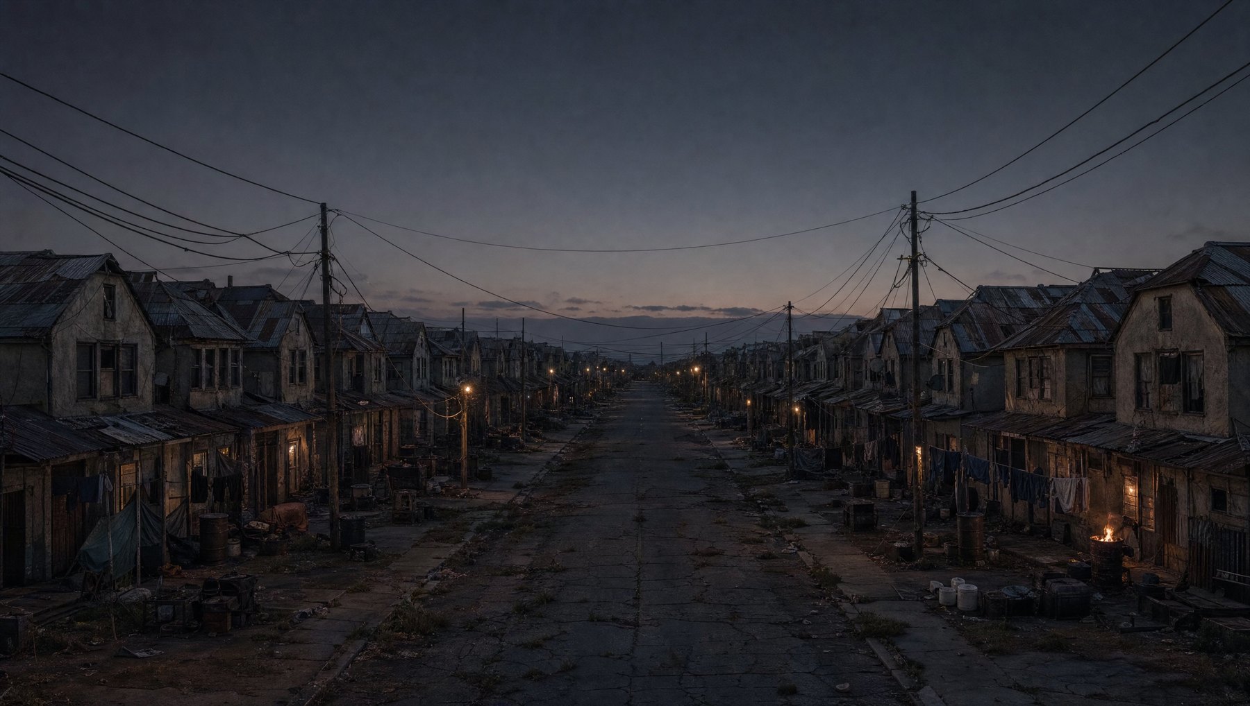 A ruined street at dusk, power lines slack, a few windows lit by fire